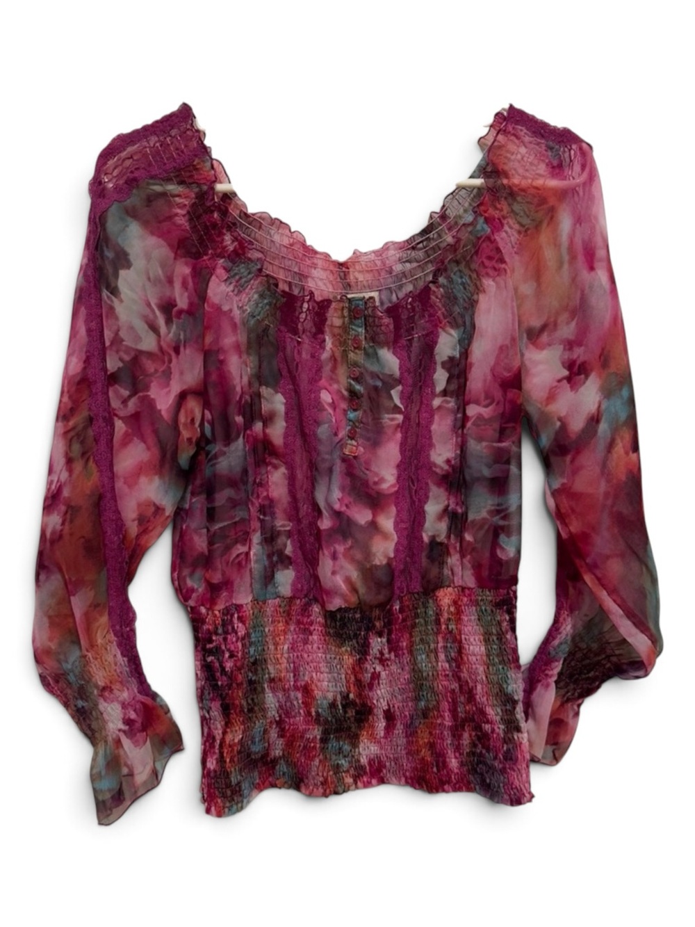 Arden B Floral Magenta Watercolor Peasant Blouse